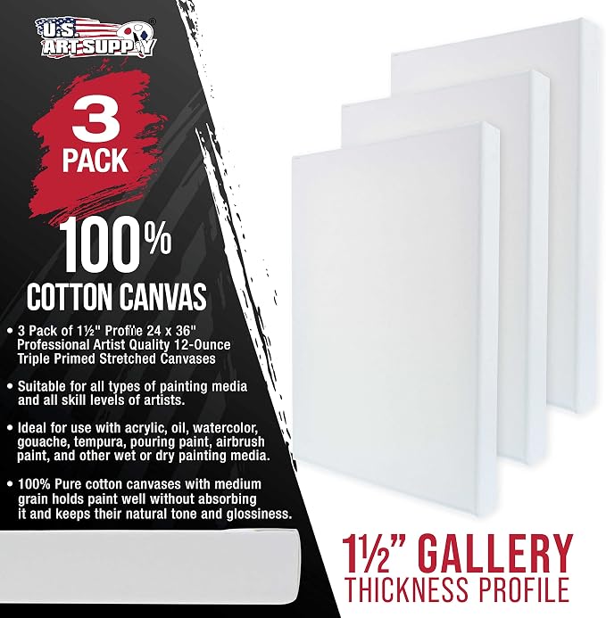 U.S. Art Supply X-Large Stretched Canvas for Painting 24x36 inch Gallery Depth 1-1/2" Thick, 3-Pack - 12oz Acrylic Gesso Triple Primed, Professional Artist Quality, 100% Cotton - Oil, Pouring Paint - Image 2
