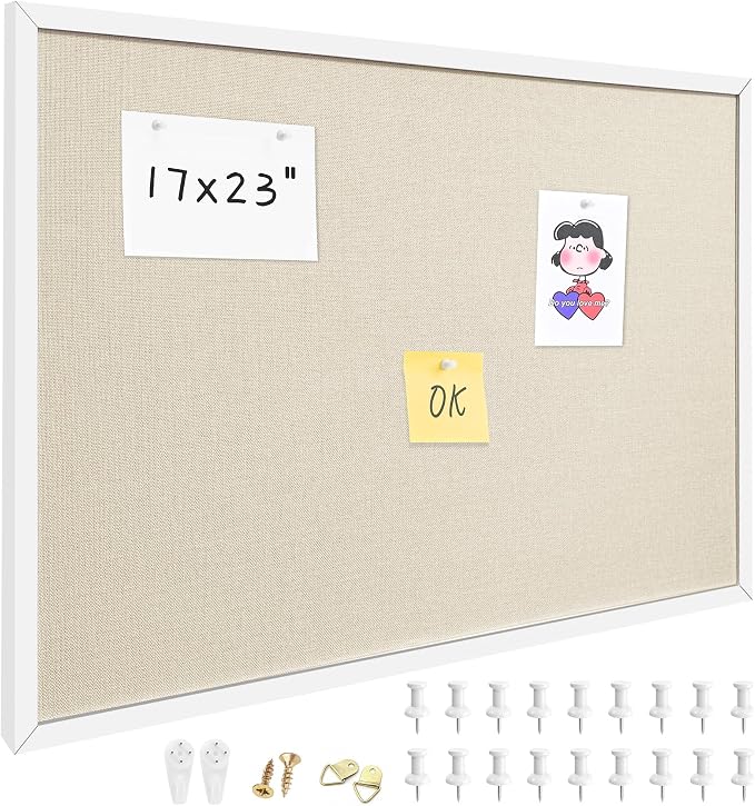 17"x23" White Framed Natural Wood Tone Bulletin Board, Pin Board | Linen corkboard texture. Premium cork boards for walls and pin board office organizer. by Buyitnow