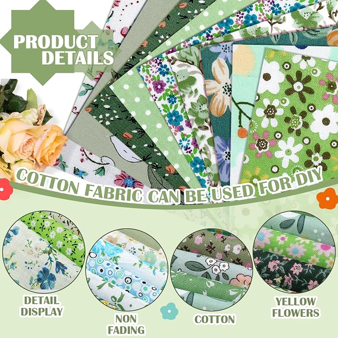 Kinlop 600 Pcs 5 x 5 Inch Floral Charm Packs for Quilting Green Flower Cotton Fabric Square Bulk Precut Fabric Squares Strips Printed Green Floral Patchwork for DIY Craft Sewing Accessory - Image 4