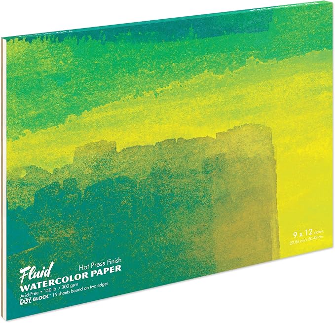 Fluid Artist Watercolor Paper Block, 9 x 12 inches, 15 White Sheets, 140 lb (300 GSM) Hot Press Pad for Painting and Wet Media by SpeedballArt