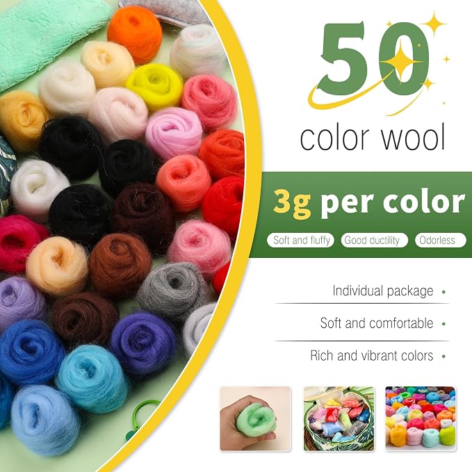 IMZAY Needle Felting Kit for Beginners, 50 Colors Wool Roving Kit | 304 Pcs Needle Felting Starter Kit, Needle Felting Tools with 2 Bags, Felt Tools for Felted Animal Needle Felting Supplies - Image 3