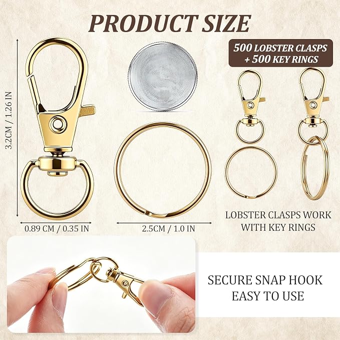 Liliaafar 1000 Pcs Keychain Kit:Lobster Claw Clasp with Ring,Gold,Classic | Keychain Making Supplies, 500 Swivel Hooks and 500 Key Ring, Bulk Lobster Claw Clasps, Key Chain DIY Making Crafts Supplies - Image 2