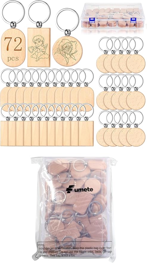Fumete Wooden Keychain Blanks Wood Engraving Unfinished Key Chain with Storage Container for DIY Gift Craft Supplies(48 Pcs) - Image 8