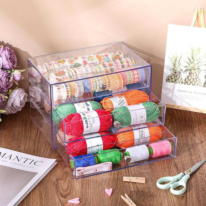 Wonderjune 1 Pack 3 Drawer Clear Washi Tape Organizer Acrylic Storage Box | 10 x 7 x 6.8 in, Divided Drawers, Clear Plastic Cube, Visible Storage for Craft Tape, Jewelry, Makeup Supplies - Image 2