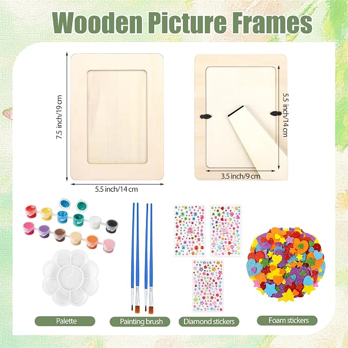 Aneco 24 Pack Wooden Picture Frames for Crafts DIY Unfinished Painting Craft Kit with Acrylic Paint Foam Rhinestone Stickers Brushes Paintings Tools Set for Kids Painting, DIY Art Projects - Image 2