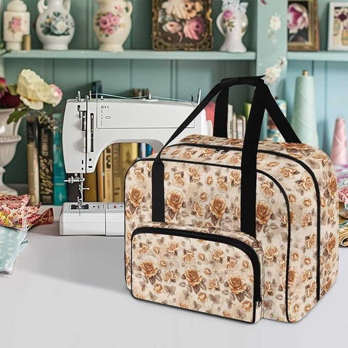 Sewing Machine Dust Bag Portable Travel Tote Bag Large Capacity Sewing Machine Storage Case Universal Versatile Organizer Bag with Handle and Soft Cushion, Retro Rose - Image 2