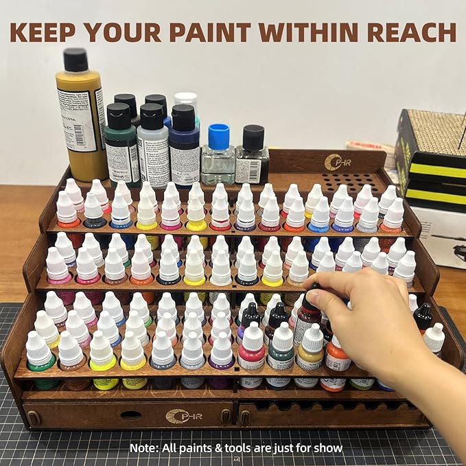 Wooden Paint Organizer 98 Holes Rack for Miniature Paints & Brushes | Fits 17/18ml Miniature Paint Set with 1.02" Dia Holes for Popular Hobby Paint Storage, 1 Drawer, 25 Brush Holes & 24 Slots - Image 2