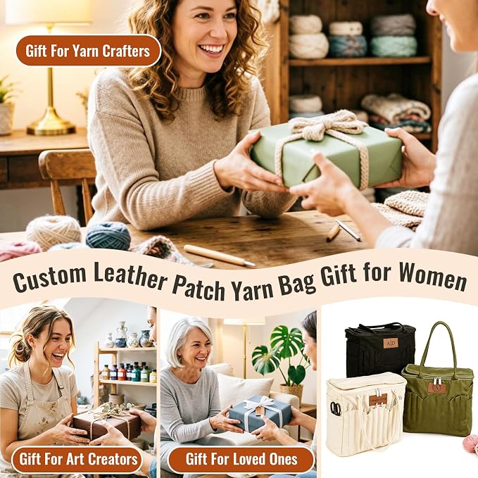 Phexilo Personalized Knitting Bag with Name Leather Patch, Canvas Yarn Bag | Canvas Crochet Organizer with Multiple Pockets and Yarn Holes, Knitting Bag for Crochet Lovers, Mom, Grandma, Birthday Gifts - Image 7