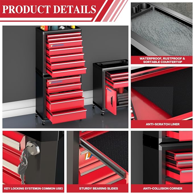 12-Drawer Rolling Tool Chest with Wheels,Lockable Tool Cabinet | 360° Swivel Castors, Drawer Liner,Multifunctional Waterproof Top, Connect Rods for Combination with Similar Tool Cabinets - Image 3