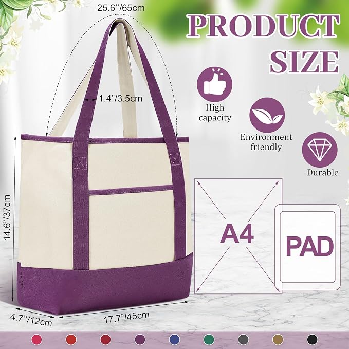 Sanwuta 9 Pcs Canvas Tote Bags Bulk with Outer Pocket 18‘' Reusable Grocery Shopping Blank Tote Bag for Women(Dark Colors) - Image 3