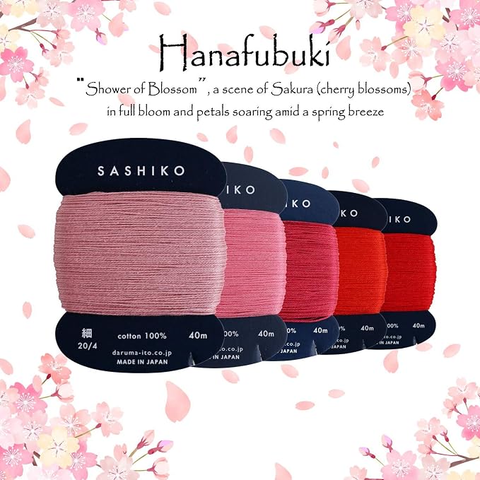 DARUMA Sashiko Thread 100% Cotton Card Type (43.7 yd) x 5 Colors with English Manual, Sewing & Embroidery Value Set with Gift Package(Thin, Hanafubuki) - Image 5