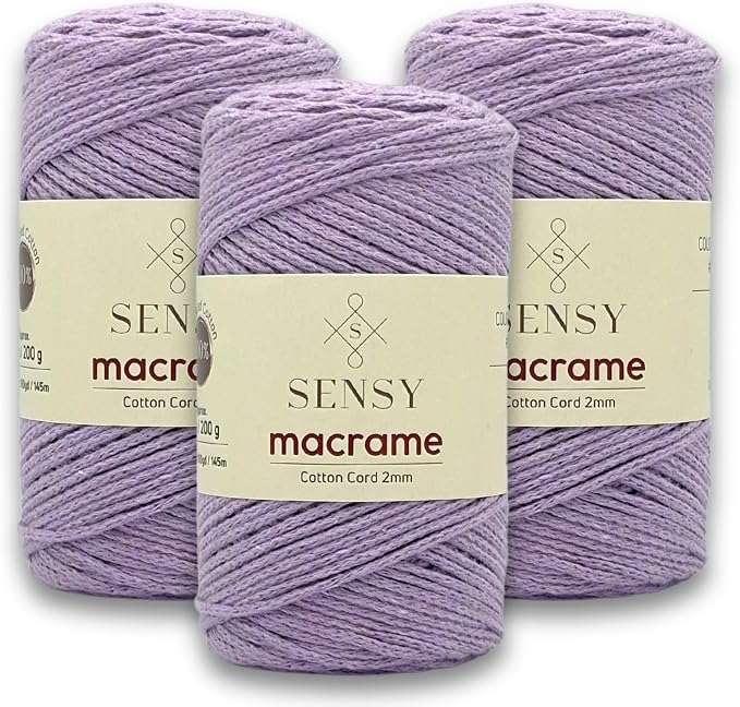S Sensy 2mm Cotton-Recycled Cotton Macrame #3 Light Cord 3 Skein Lilac 159y by SSENSY