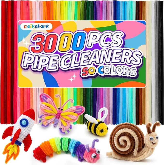 POIKSHARK 3000 PCS 50 Colors Quality Pipe Cleaners Bulk, Thick Pipe Cleaners Craft for DIY Craft Projects, Multicolored Limpia Pipas for Art Supplies & Materials, Rainbow Chenille Stems(12inch*6mm) by POIKSHARK