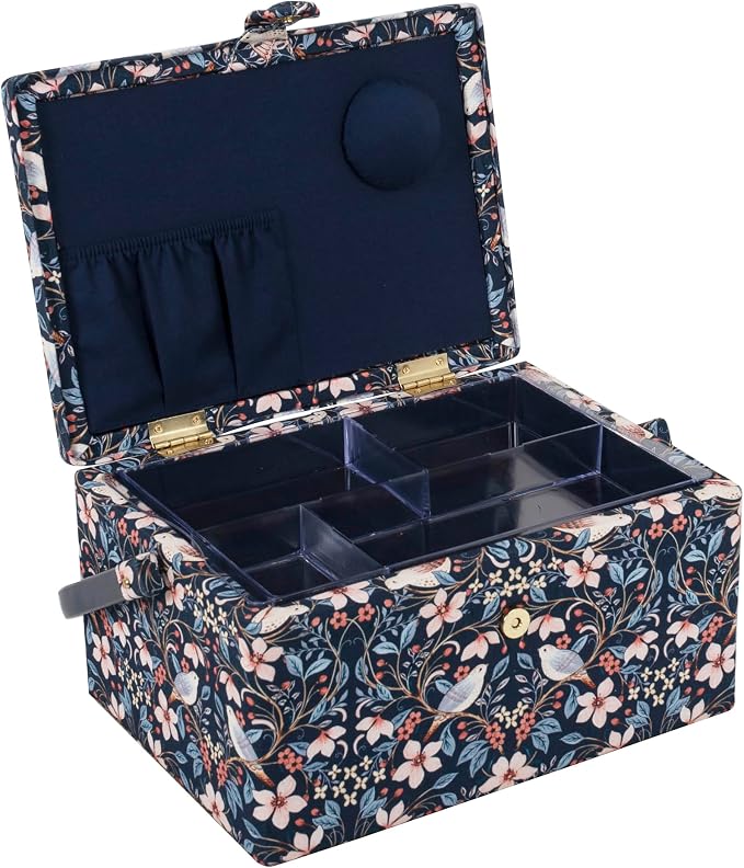 Hobby Gift Medium Sewing Box Organiser, Fabric Covered Storage Box with Handle, Internal Tray, Pin Cushion and Pocket for Sewing, Quilting and Knitting Supplies - Image 7