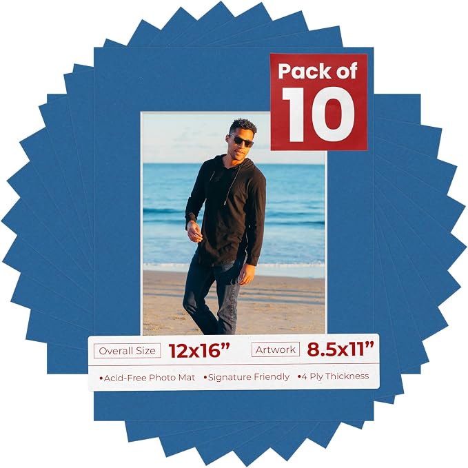 8.5x11 Mat for 12x16 Frame - Precut Mat Board Acid-Free Royal Blue 8.5x11 Photo Matte For a 12x16 Picture Frame, Premium Matboard for Family Photos, Show Kits, Art, Picture Framing, Pack of 10 Mats by PosterPalooza