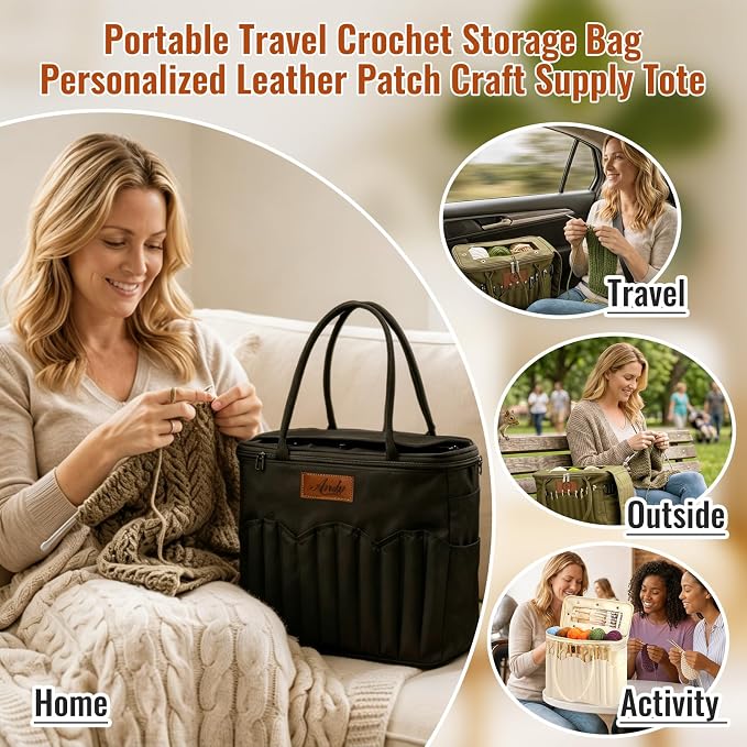 Phexilo Personalized Knitting Bag with Name Leather Patch, Canvas Yarn Bag | Canvas Crochet Organizer with Multiple Pockets and Yarn Holes, Knitting Bag for Crochet Lovers, Mom, Grandma, Birthday Gifts - Image 6