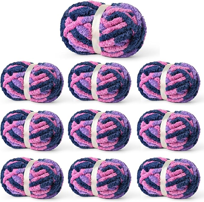 Chunky Jumbo Chenille Yarn Multicolor 10 Pack | 2000g/240yds Super Bulky Baby Soft Yarn for Hand Knitting Fluffy Chunky Knit Throw Blanket Yarn by Sekafris