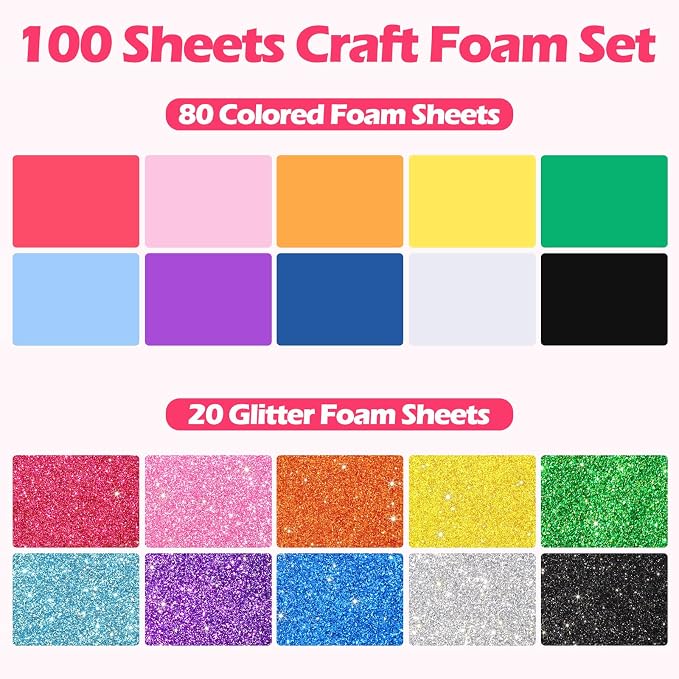 Pangda 100 Pcs 9 x 12 Inch EVA Craft Foam Sheet Crafts, 10 Glitter Colors | 2mm Thick Sheet Craft, Colorfed Crafting Handicraft Paper Set, for DIY Arts Scrapbooking School Classroom Project Supplie - Image 2