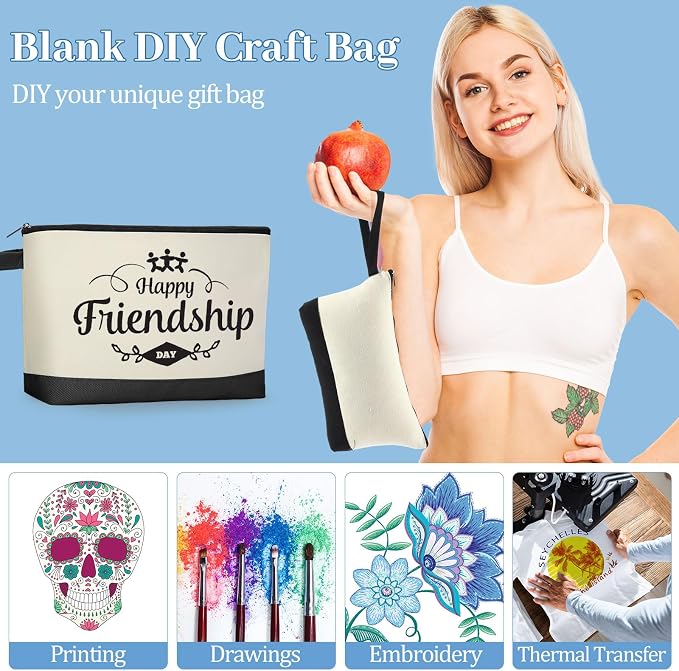 Silkfly 30 Pcs Cotton Canvas Makeup Bags Cosmetic Zipper Bags 10.2 x 5.5 x 2'' Blank DIY Pouch Bulk Pencil Case with Bottom Travel Toiletry Pouch for Women Craft Decor Gift (Black,Beige) - Image 6