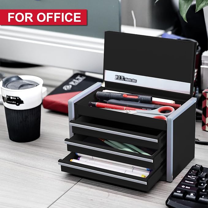 P.I.T. Mini Tool Box,3 Drawers Small Metal Toolbox for Tools Storage,Black | 8.6"W X 4.6"D Cute Size,Q235 Steel,Magnetic Tab Locking,PVC Drawer Liners - Image 5
