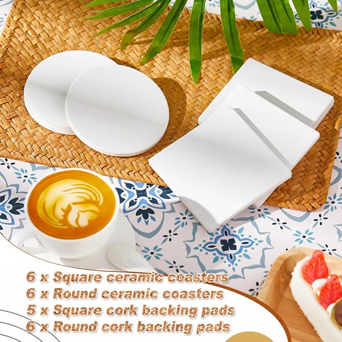 Zopeal 24 Pcs Ceramic Tiles for Crafts Coasters Include Unglazed White Ceramic Tiles with Cork Backing Pads Use with Alcohol Ink Acrylic Pouring for DIY Project Gift (Square,Round) - Image 4