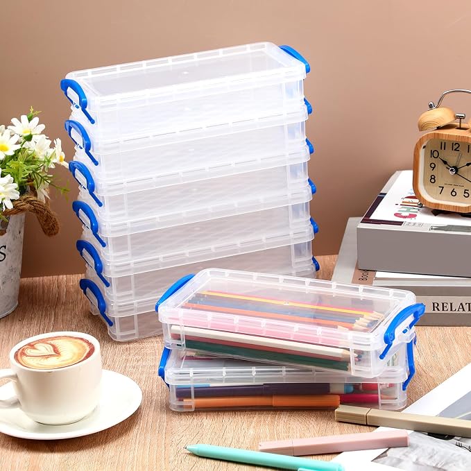 Gueevin 24 Pcs Large Capacity Plastic Pencil Box Clear Plastic Pencil Case Crayon Box with Snap Tight Lid Watercolor Pen Storage Brush Organizer Drawing Tools Container (Blue) - Image 4