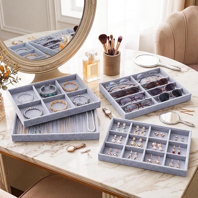 Tondiamo Set of 8 Large Stackable Jewelry Organizer Tray Set for Drawers Grey Velvet Jewelry Drawer Inserts Container Display Case Storage Display Trays for Earring Necklace Rings Bracelet Sunglasses - Image 5