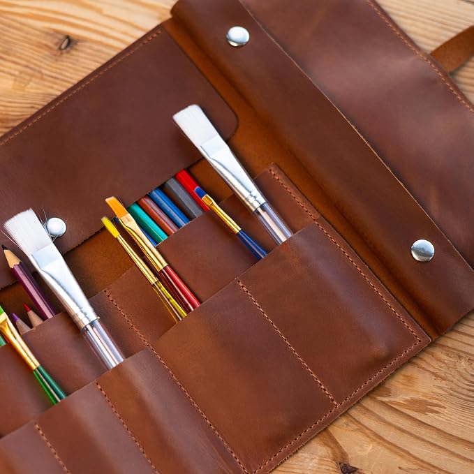 Handmade Artist Pencil Case for Adults Women, Leather Pencil Roll, Artist Gifts, Pencil Wrap Roll Up, Leather Paint Brush Case, Warm Brown - Image 9