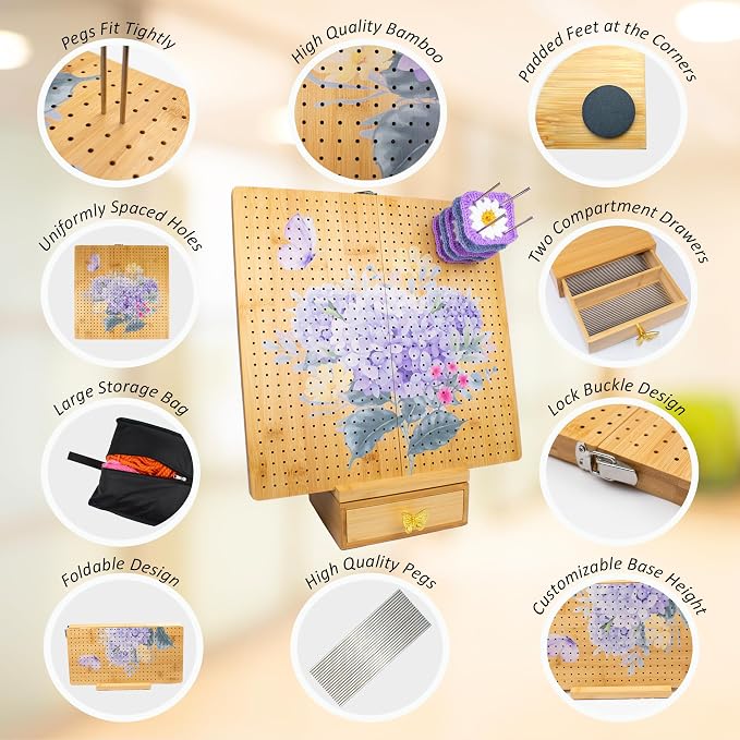 Crochet Cast Foldable 15” Bamboo Crochet Blocking Board + Stand and Drawer | 40 Stainless Steel Rods, Large Storage Bag, Anti‑Slip Feet, Thick Mat, High Quality Pegs, Two Compartments, Uniform Holes - Image 4