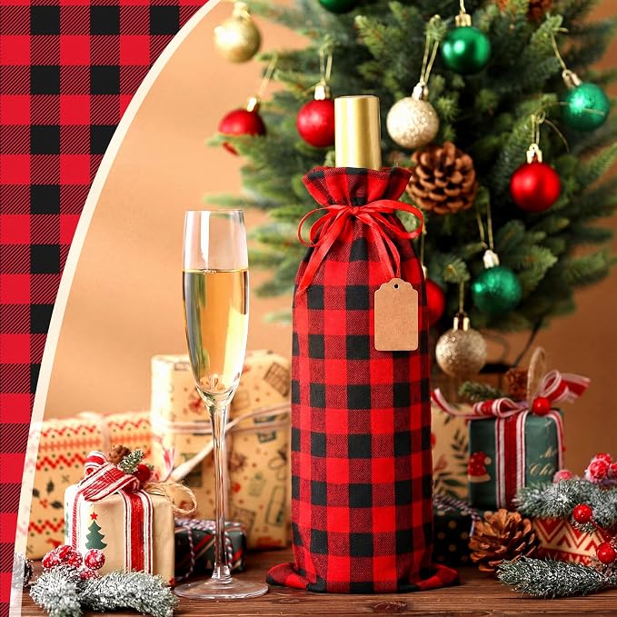 SilTriangle 20 Pcs Buffalo Plaid Christmas Drawstrings Gift Bags Reusable Fabric Christmas Bags Holiday Cotton Bag with Tag Assorted Sizes Holiday Present Bag for Gift Wrapping Storage - Image 3