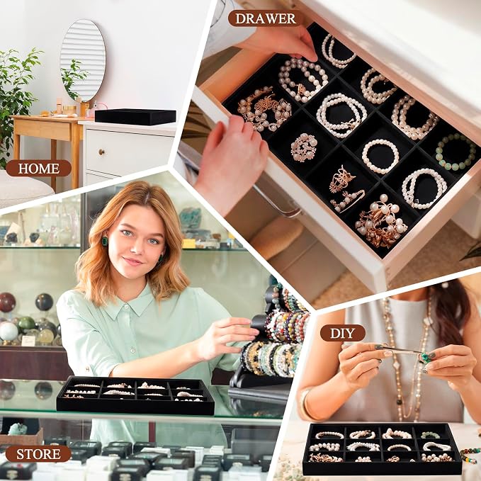 Cinnvoice 4 Pcs Stackable Jewelry Organizer Tray, 12 Grids Velvet Bracelet Ring Necklace Tray, Jewelry Organizer Trays for Drawer Display Selling Bangle Necklace Earring Showcase Storage(Black) - Image 5