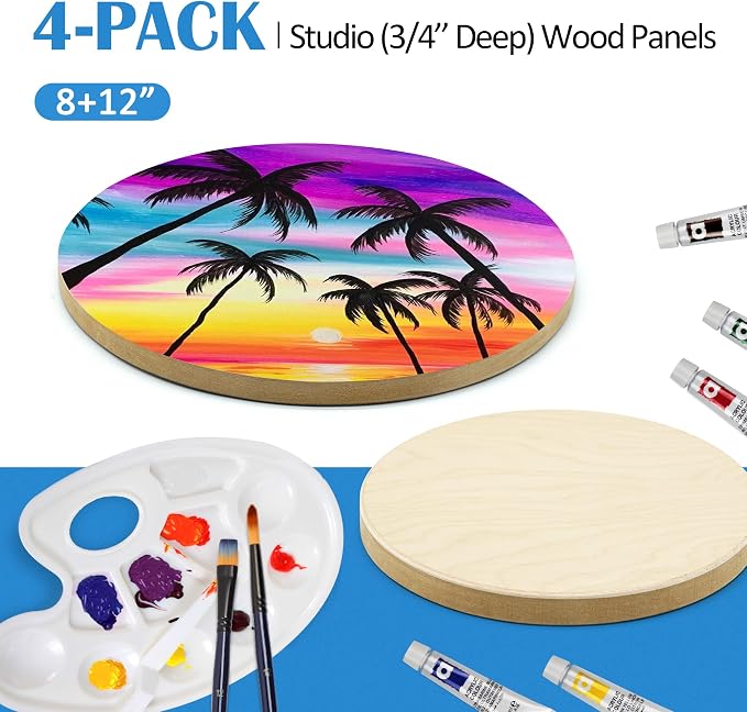 4 Pack 8'' &12'' Unfinished Round Birch Wood Panels | Studio 3/4’’ Deep Wood Canvas, Cradle Boards for Painting, Pouring, Burning, Crafts, Epoxy Resin, Laser Engraving Cutting - Image 6