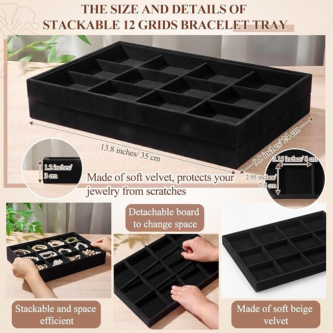Cinnvoice 4 Pcs Stackable Jewelry Organizer Tray, 12 Grids Velvet Bracelet Ring Necklace Tray, Jewelry Organizer Trays for Drawer Display Selling Bangle Necklace Earring Showcase Storage(Black) - Image 2