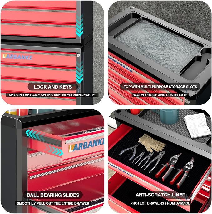 5 Drawer Rolling Tool Chest with Wheels,Lockable Tool Cabinet,Red | 360° Wheels with Brakes, Locking System, Waterproof Multifunction Top, Connect Rods for Stacking with Same Series Cabinet - Image 4