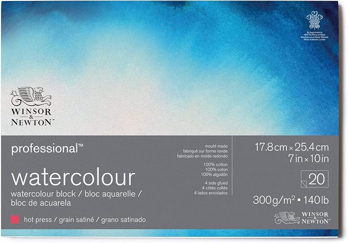 Winsor & Newton Professional Watercolor Paper Block, 7" x 10", Hot Pressed | 100% cotton, hot-pressed watercolor block offering a silky smooth surface ideal for fine detail and wash work. by WinsorNewton