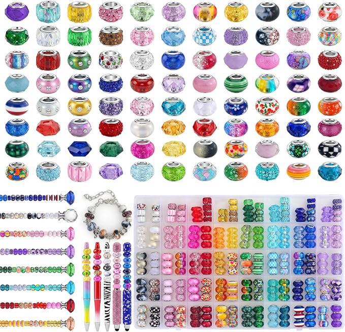 Aipridy 248 PCS European Large Hole Beads, Colorful Glass Charm Beads Set, Assorted Patterns and Designs Rhinestone Craft Beads for DIY Bracelet Jewelry Making (247, Mixed Pack by Color) by AIPRIDY