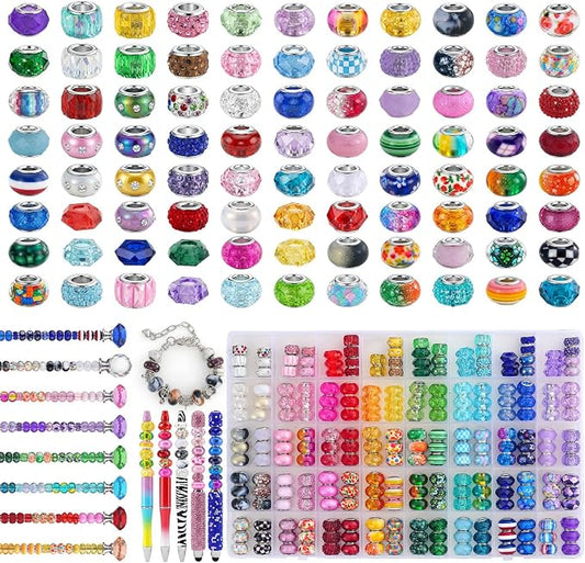 Aipridy 248 PCS European Large Hole Beads, Colorful Glass Charm Beads Set, Assorted Patterns and Designs Rhinestone Craft Beads for DIY Bracelet Jewelry Making (247, Mixed Pack by Color) by AIPRIDY