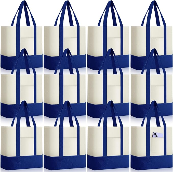 Sanwuta 12 Pcs Mini Canvas Tote Bags Bulk with Pocket Small Sublimation Blank Canvas Tote Reusable Grocery Bag for Women, DIY Craft (Royal Blue) by Sanwuta