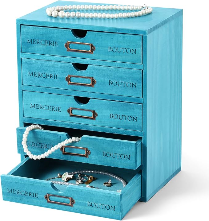 Wesiti Wooden Desk Organizer, 5 Drawers, Vintage Makeup Cabinet, Blue | Rustic Drawer Storage for Office, Home, Craft Room, Jewelry, Sewing Supplies, Apothecary Desktop Box, Pre-assembled Decor by Unteilti