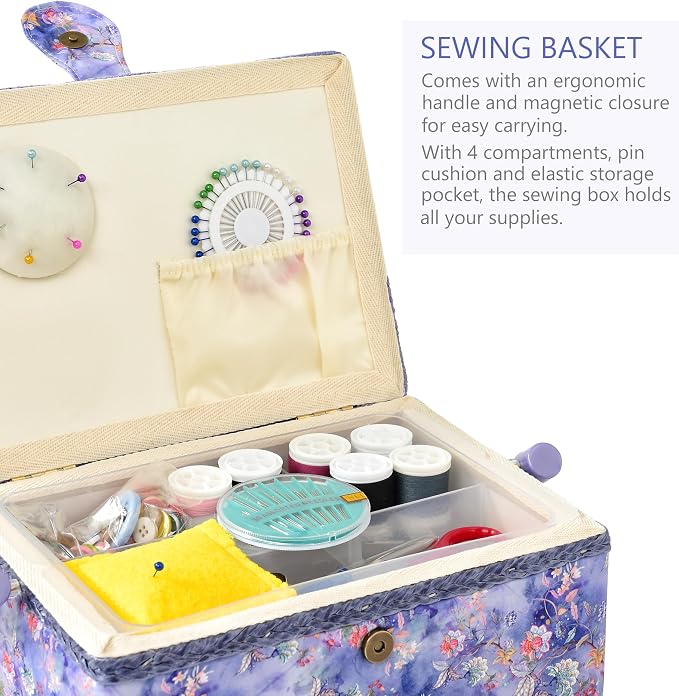 Sewing Basket with Sewing Supplies, Medium Sewing Box for Accessories Storage, Purple Flower - Image 2