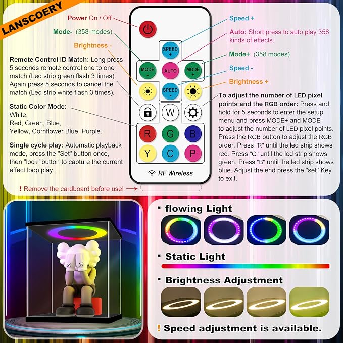 LANSCOERY Acrylic Display Case 17.7x17.7x17.7 in, 10mm Base, RGB Ring Light, 3mm Clear Panels, Front Door for Action Figures and Models - Image 4