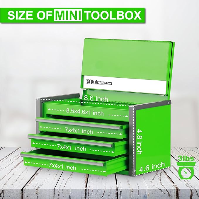 P.I.T. Mini Tool Box,3 Drawers Small Metal Toolbox for Tools Storage,Green | 8.6"W X 4.6"D Cute Size,Q235 Steel,Magnetic Tab Locking,PVC Drawer Liners - Image 2