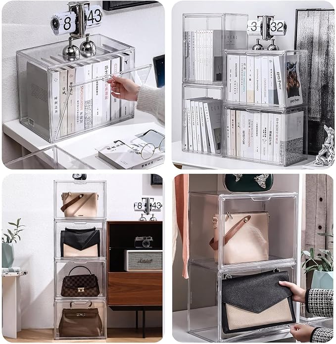 GUDEMAY Clear Stackable Plastic Storage Bins with Magnetic Lid, Dustproof Book & Cosmetic Acrylic Display Cases, Large Figures Collectibles Showcase, Shoe Box, Protection Organizer (L, Count, 3) - Image 3