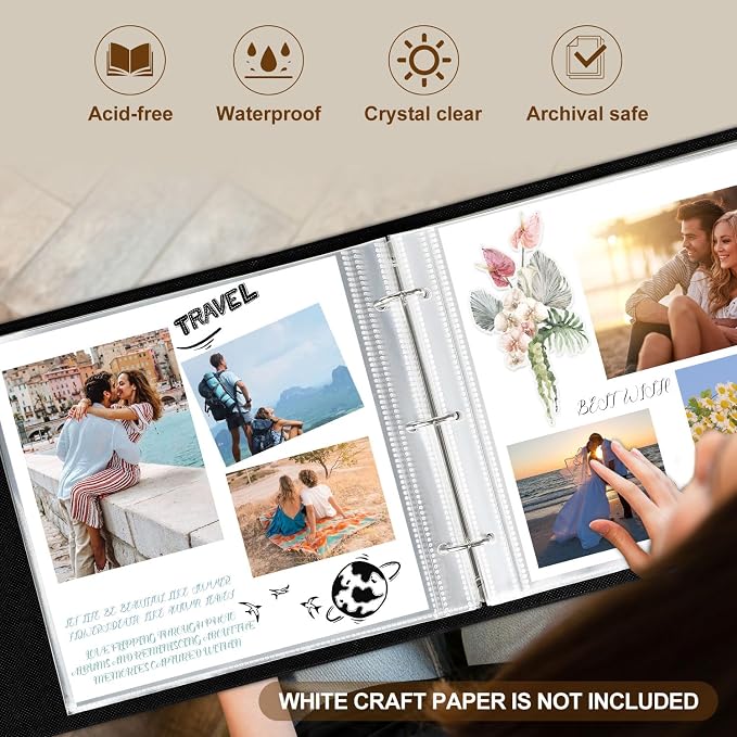 Lanpn 12x12 inch Scrapbook Photo Album, Linen Cover Archival Acid Free Top Load 3 Ring Binder Folder Photo Book 12 x 12 with 30 Plastic Sleeves 60 Pages (Black) - Image 5