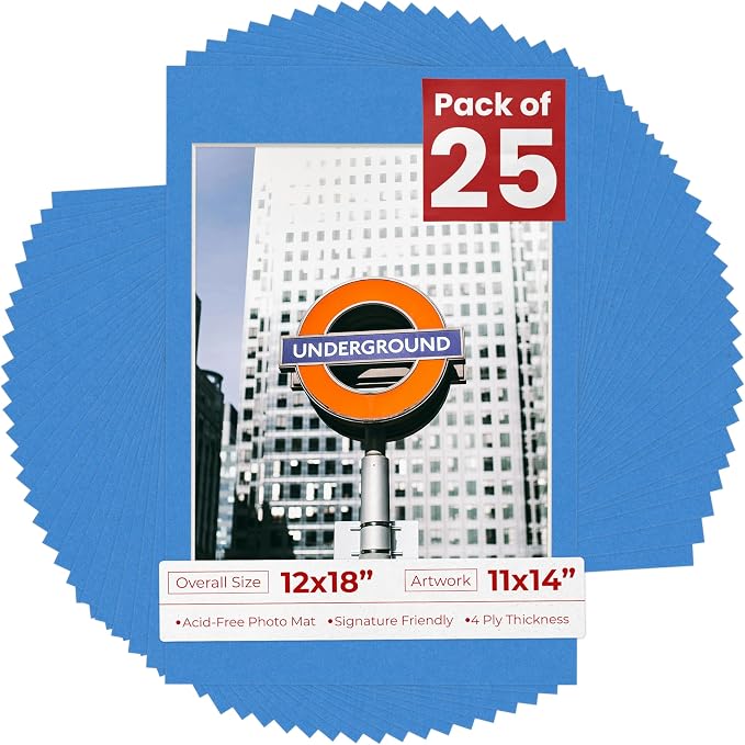11x14 Mat for 12x18 Frame - Precut Mat Board Acid-Free Show Kit with Backing Board, and Clear Bags Bay Blue 11x14 Photo Matte Made to Fit a 12x18 Picture Frame Matboard for Framing, Pack of 25 Mats by PosterPalooza