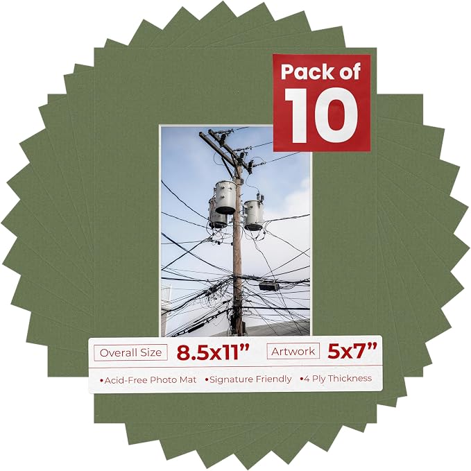 5x7 Mat for 8.5x11 Frame - Precut Mat Board Acid-Free Show Kit with Backing Board, and Clear Bags Dill Green 5x7 Photo Matte Made to Fit a 8.5x11 Picture Frame Matboard for Framing, Pack of 10 Mats by PosterPalooza