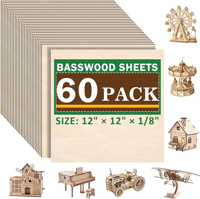 60 Pack Basswood Sheets for Laser Cutting, 12 x 12 x 1/8 Inch, Unfinished Squares Wood Sheets for Crafts - Smooth Surface Plywood for Wood Burning, Engraving, Architectural Models, Painting & Staining by XSEINOiscreating%EF%BC%81