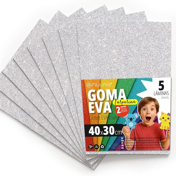 OFITURIA Glitter Foam Rubber for Crafts, Colourful Foam with Glitter for DIY, Creative Projects, Arts and School, 40 x 30 cm (White, Pack of 5) by OFITURIA