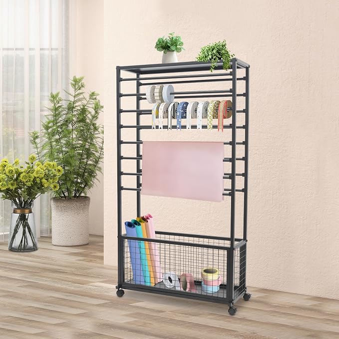 Ribbon Holder Organizer Rack, 16-Layer Ribbon Holder with Wheels | Double-Sided 16-Layer Ribbon Holder with Wheels, Wrapping Paper Ribbon Display Rack Storage Shelf for Craft Room - Image 2