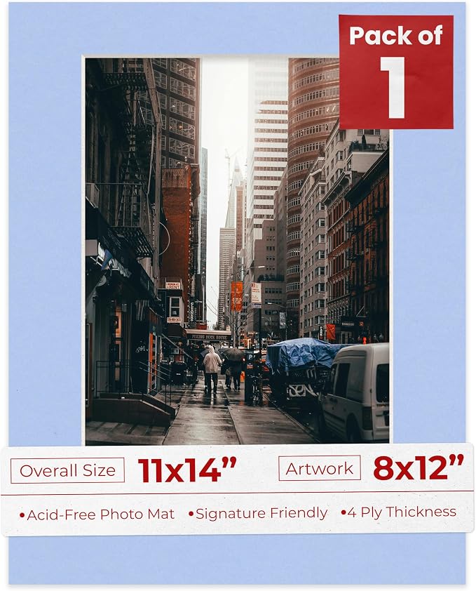 8x12 Mat for 11x14 Frame - Precut Mat Board Acid-Free Baby Blue 8x12 Photo Matte Made to Fit a 11x14 Picture Frame, Premium Matboard for Family Photos, Show Kits, Art, Picture Framing, Pack of 1 Mat by PosterPalooza